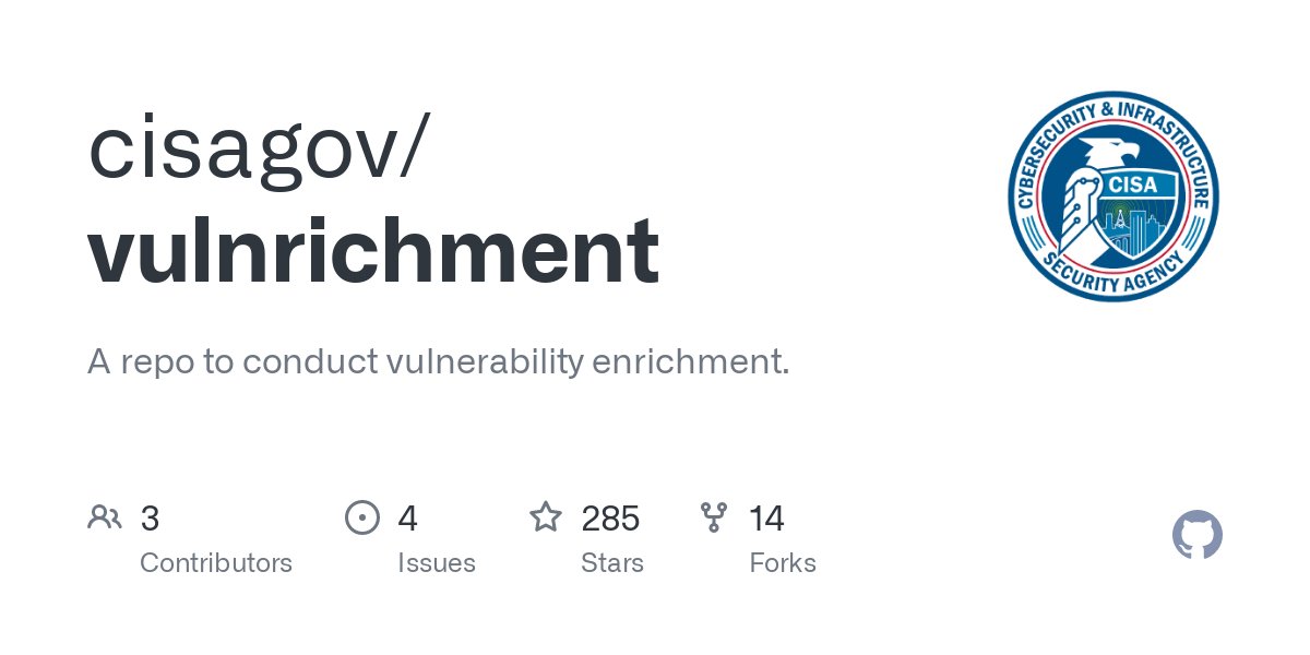 A repo to conduct vulnerability enrichment. github.com/cisagov/vulnri… #Pentesting #vulnerability #CyberSecurity #Infosec