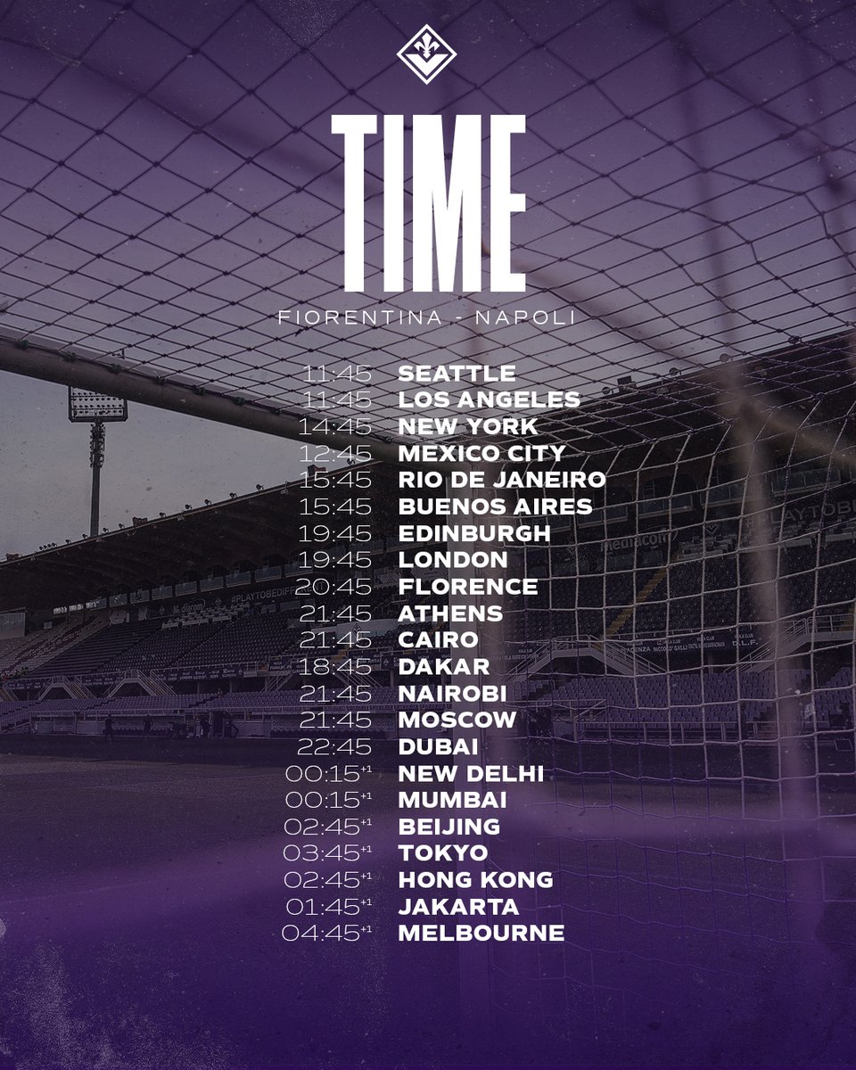 TIME ZONE | ⚜️

#FiorentinaNapoli kicks off at 20:45 CET 🔜
Where in the World are you following the Viola from? 🌍 

#ForzaViola #Fiorentina #ACFFiorentina
