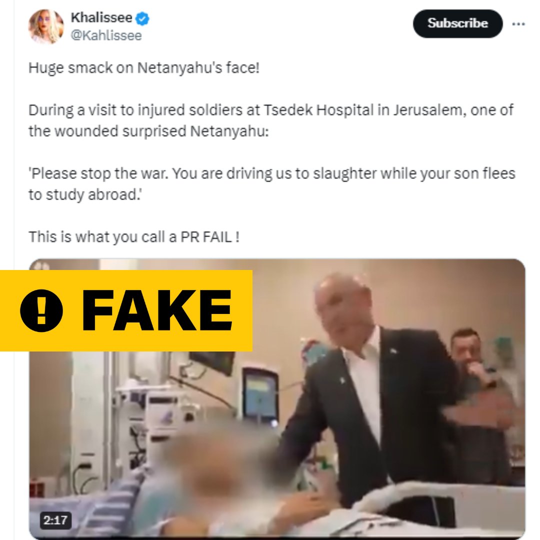 The quote accompanying the following video of Netanyahu visiting injured soldiers at 'Tel Hashomer' on May 14th is fake. Both soldiers who spoke to Netanyahu in the video discussed their injuries, with the second soldier also expressing that the soldiers support him and will