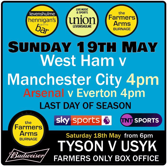 Bring the noise and the colour to cheer #mancity on to win 4th premier league title in a row 💙💙💙 in <a href="/hennigansbar/">Hennigans Sports Bar</a> <a href="/levunion/">union Levenshulme</a> and Farmers Arms