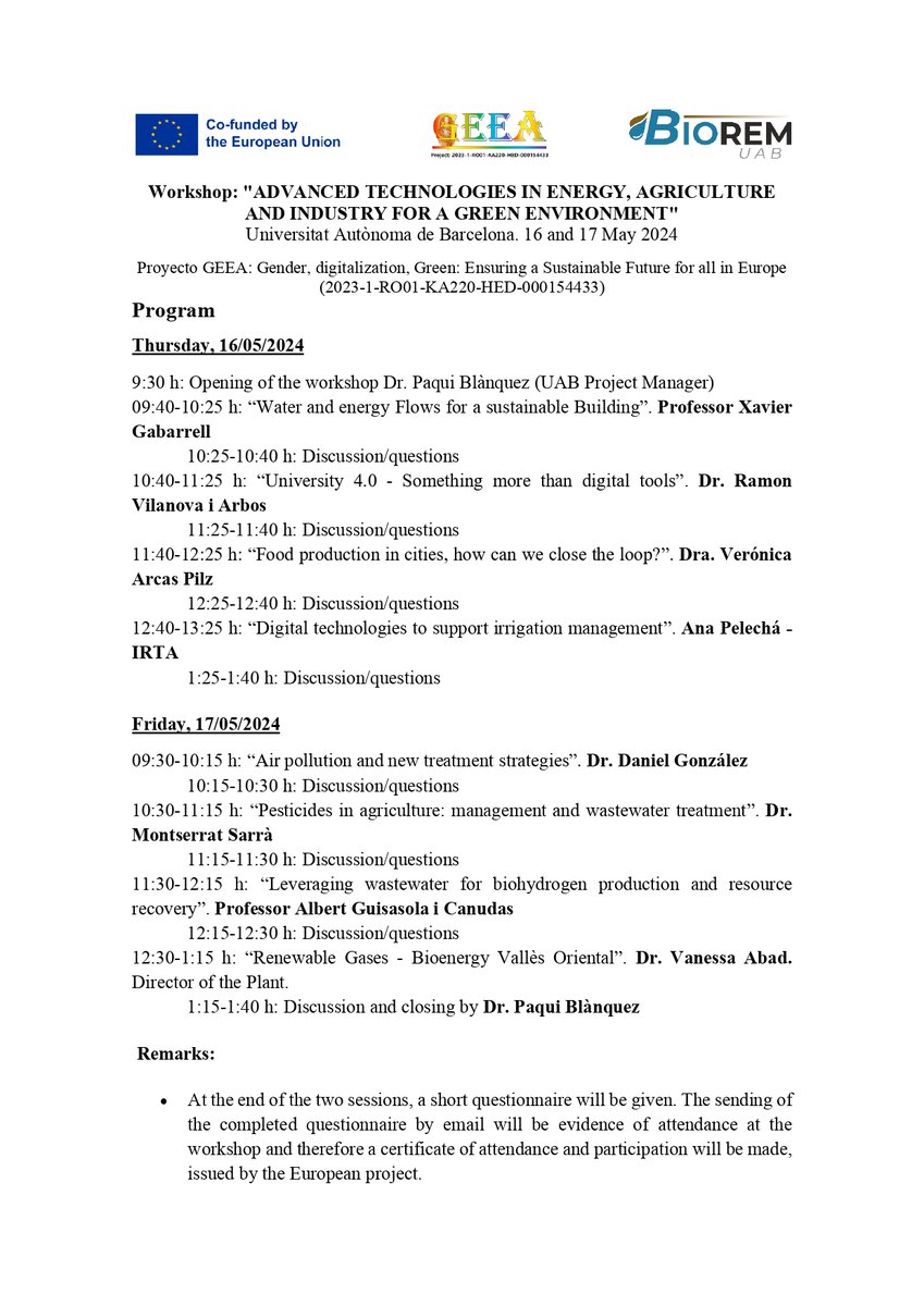 Avui Vanessa Abad @vabadc, directora de l'Àrea de Tractament del @cresidusvo participa al Workshop: 'ADVANCED TECHNOLOGIES IN ENERGY, AGRICULTURE AND INDUSTRY FOR A GREEN ENVIRONMENT' @UABBarcelona