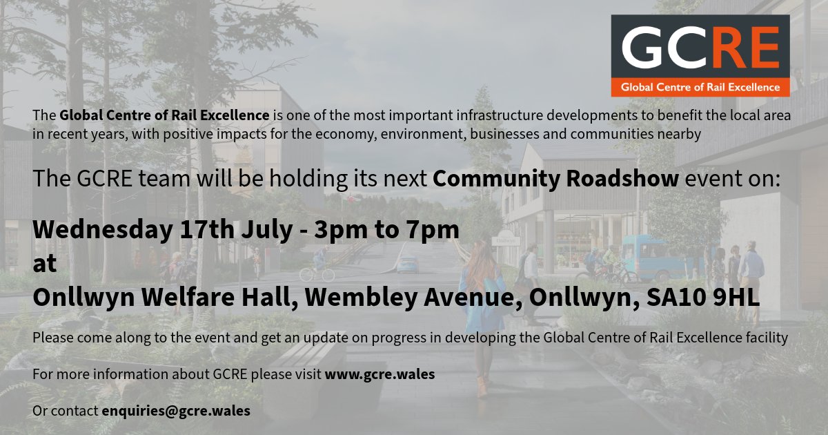 The Global Centre Of Rail Excellence will be holding its next Community Roadshow event in Onllwyn in July.

Wednesday 17th July, 3pm to 7pm at the
Onllwyn Welfare Hall.

If you live in the area come along!

#GCRE #GlobalCentreOfRailExcellence
