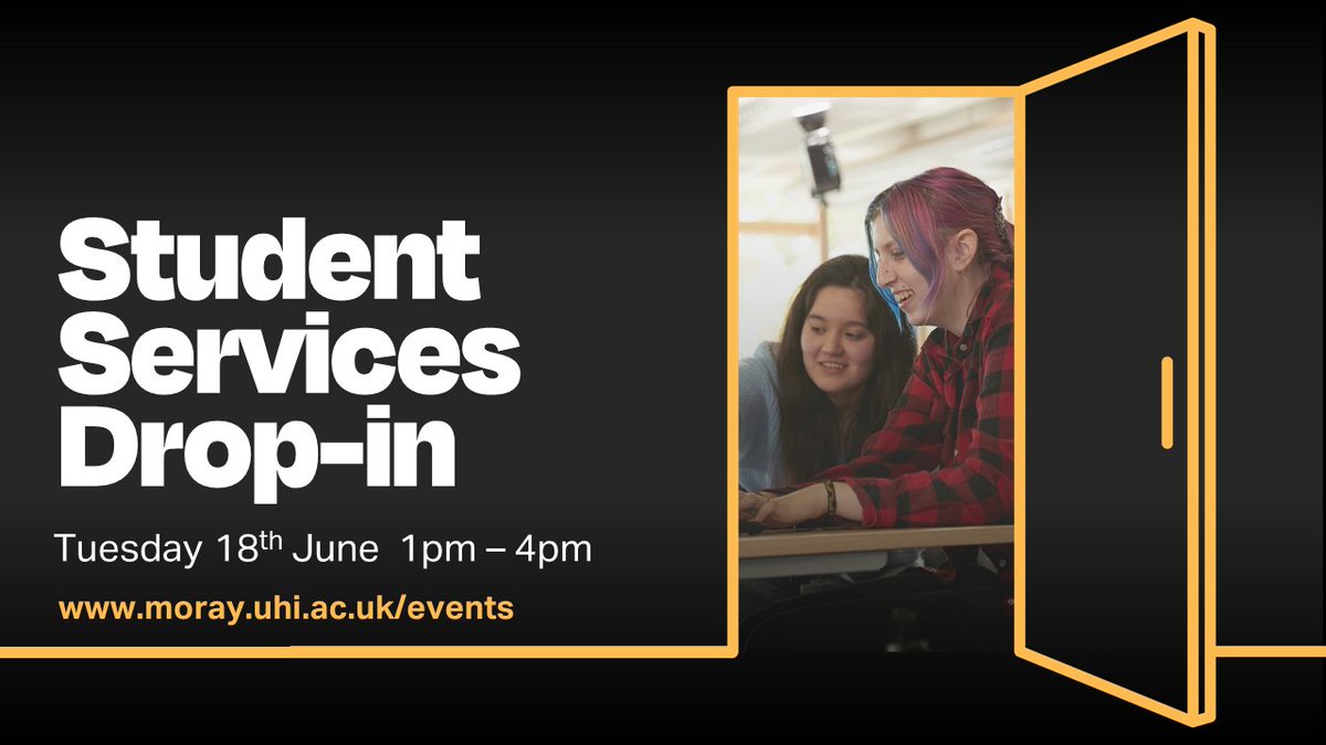 Open the door to your future with our Student Services Drop-in! Visit our Student Services Centre, Moray Street campus, 1pm-4pm, Tues. 18 June to find out about: + the Centre + Library + study resources available + support + funding + And more… More info: moray.uhi.ac.uk/events
