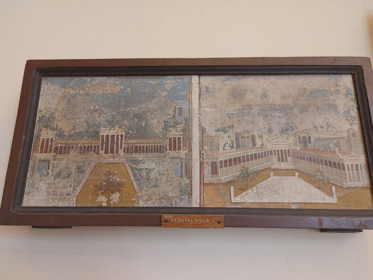 'Roman frescoes showing seaside villas. 1st century AD. Discovered in Pompeii. National Archaeological Museum of Naples.'