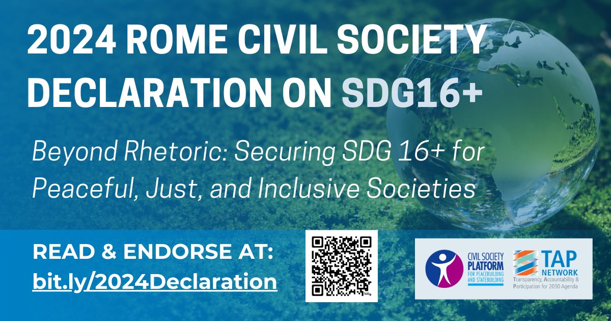 The 2024 Rome Civil Society Declaration on #SDG16+ is now live! The Declaration, a result of a series of consultations co-hosted by @TAPNetwork2030 and @idps_cspps brought #civilsociety voices from around the world to the #SDG16Conference on 6 May. ➡️bit.ly/2024Declaration