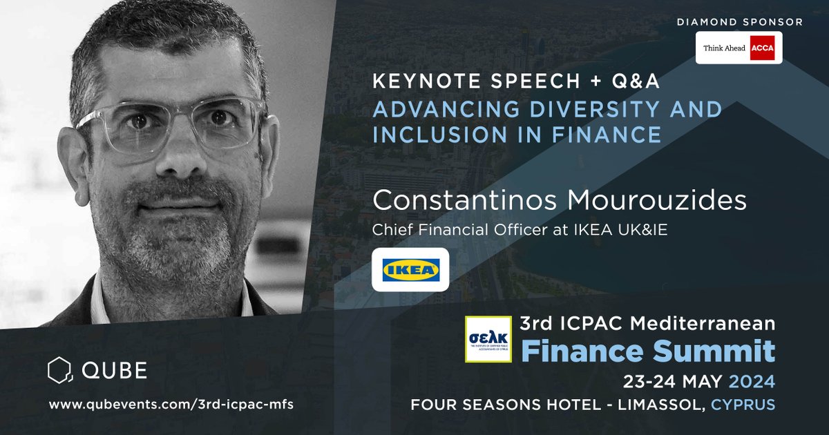 Join us next week at the 3rd #ICPAC Mediterranean Finance Summit on 23-24 May, at the Four Seasons Hotel in #Limassol. Hear from Constantinos Mourouzides, #CFO at #IKEA UK & IE, sharing insights on 'Advancing Diversity and Inclusion in #Finance.' Book now: bit.ly/44rUtGT