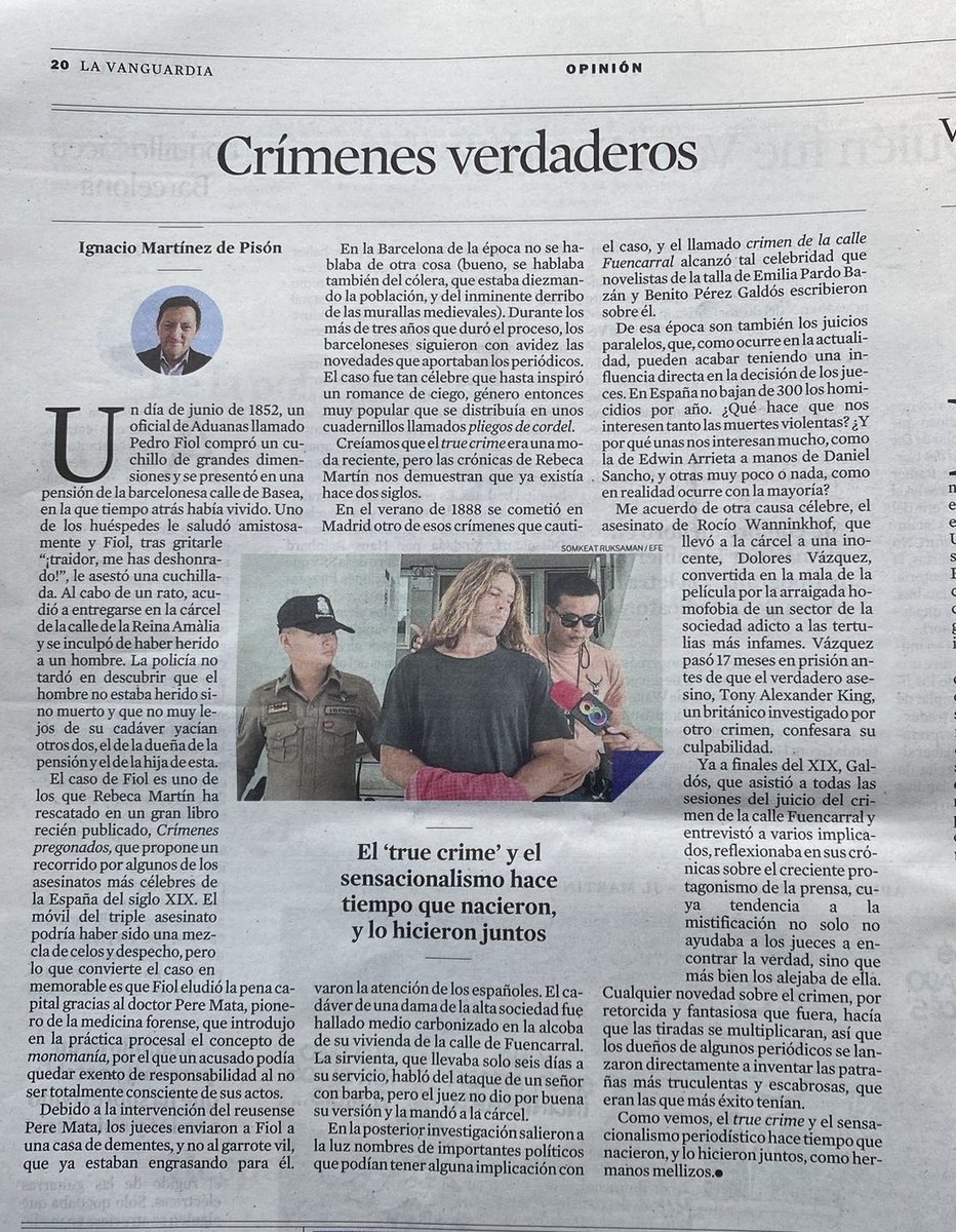 Hoy «La Vanguardia» ha publicado este artículo de Ignacio Martínez de Pisón, en el que está muy presente «Crímenes pregonados», de @RebecaMartn1.