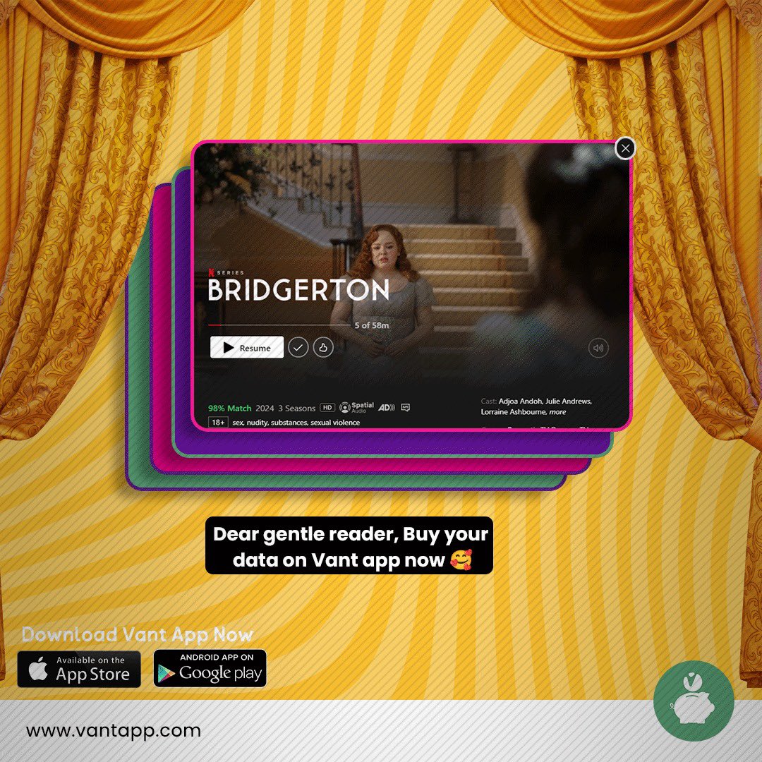vantappafrica's tweet image. And remember, don&apos;t let data interruptions ruin your viewing experience. Top up your data easily with the Vant app and enjoy uninterrupted streaming!🍿

Download the Vant app now to keep the entertainment going! #Bridgerton #VantApp #DataTopUp #WeekendVibes @NetflixNaija