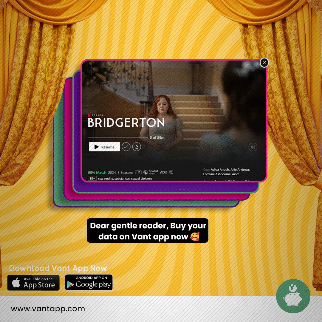 And remember, don't let data interruptions ruin your viewing experience. Top up your data easily with the Vant app and enjoy uninterrupted streaming!🍿

Download the Vant app now to keep the entertainment going! #Bridgerton #VantApp #DataTopUp #WeekendVibes @NetflixNaija