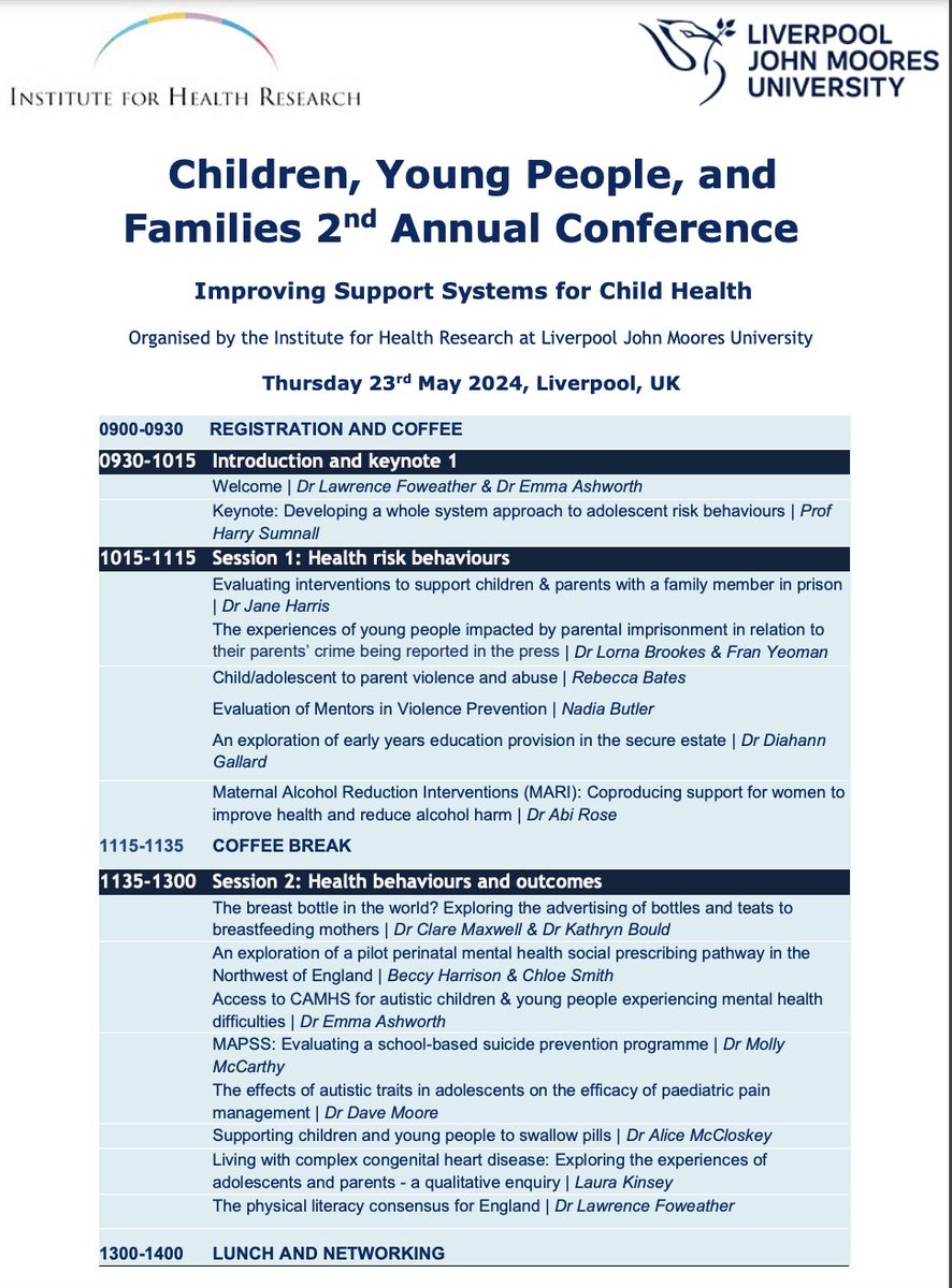 There is still time to register for our <a href="/LJMU_IHR/">LJMU Institute for Health Research</a> Children, Young People &amp; Families conference next Thuesday - 23rd May!
We're aware of some issues with the link to register, so if you would like to attend please email CYPFconference@ljmu.ac.uk to reserve a place ☺️ please share!
