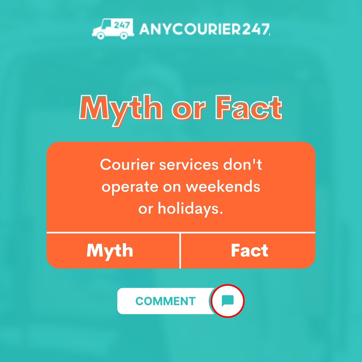 🚫 Don't let misconceptions hold you back. Many courier services are at your service seven days a week, even on weekends and holidays. 📦 Discover the convenience and reliability of round-the-clock delivery. #CourierTruths #EverydayService
#anycourier247 #couriermarketplace