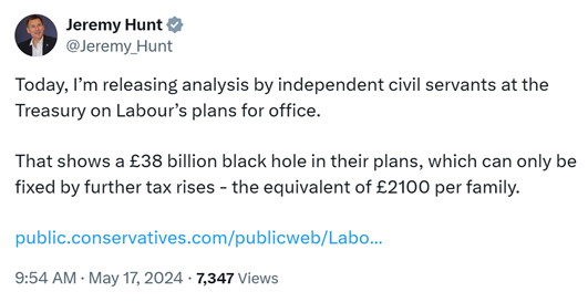 I've not seen a fully costed and complete Labour manifesto, so not sure how the Govt can claim it contains a financial 'black hole'... And should the Tories be using civil servant resources to produce data for their election campaign? 🤔