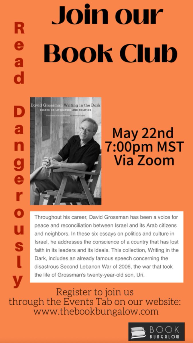 Our Read Dangerously Book Club is excited to talk about David Grossman’s book, WRITING IN THE DARK! Wanna join us? Register here: us02web.zoom.us/meeting/regist… @picadorbooks #booktwitter #tbr #whattoread #shopindie #shopsmall #shoplocal