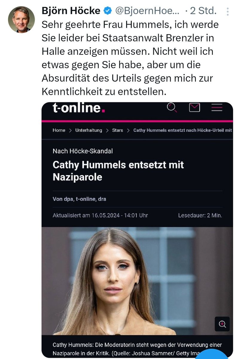 Das war vorhersehbar: #Höcke kündigt an, Cathy Hummels wegen der Verwendung von 'Alles für Deutschland' anzeigen zu wollen. Unterschiede: Hummels hat Post zügig gelöscht & sich distanziert. Und: Gericht sah im Fall Höcke als erwiesen an, dass der um Strafbarkeit d Parole wusste