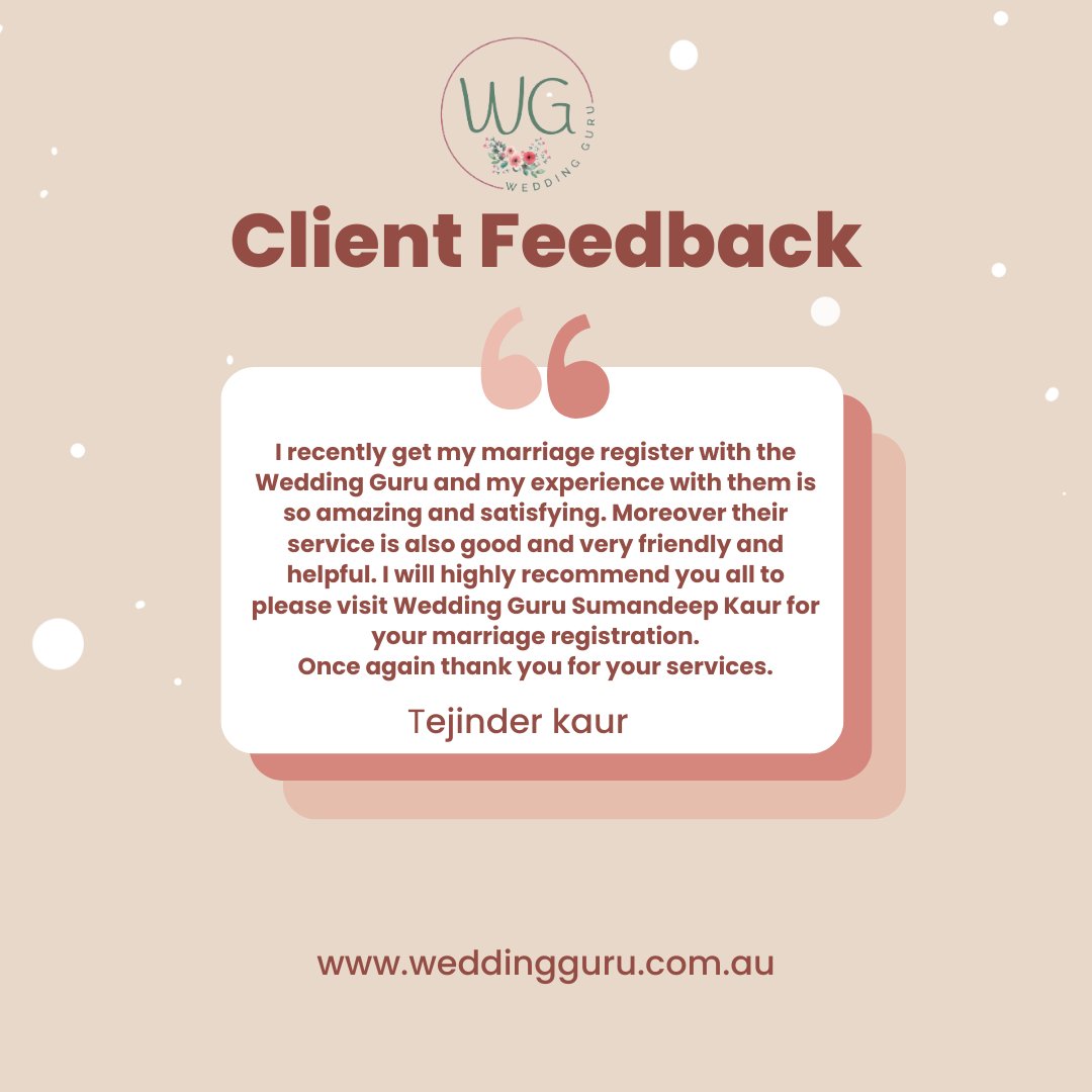 🌸 Client Feedback 🌸

We are thrilled to share this wonderful feedback from Tejinder Kaur! 

Thank you, Tejinder, for your kind words! We're honored to be a part of such a special moment in your life. 

#WeddingGuru #ClientFeedback #HappyClients #WeddingServices #Marriage
