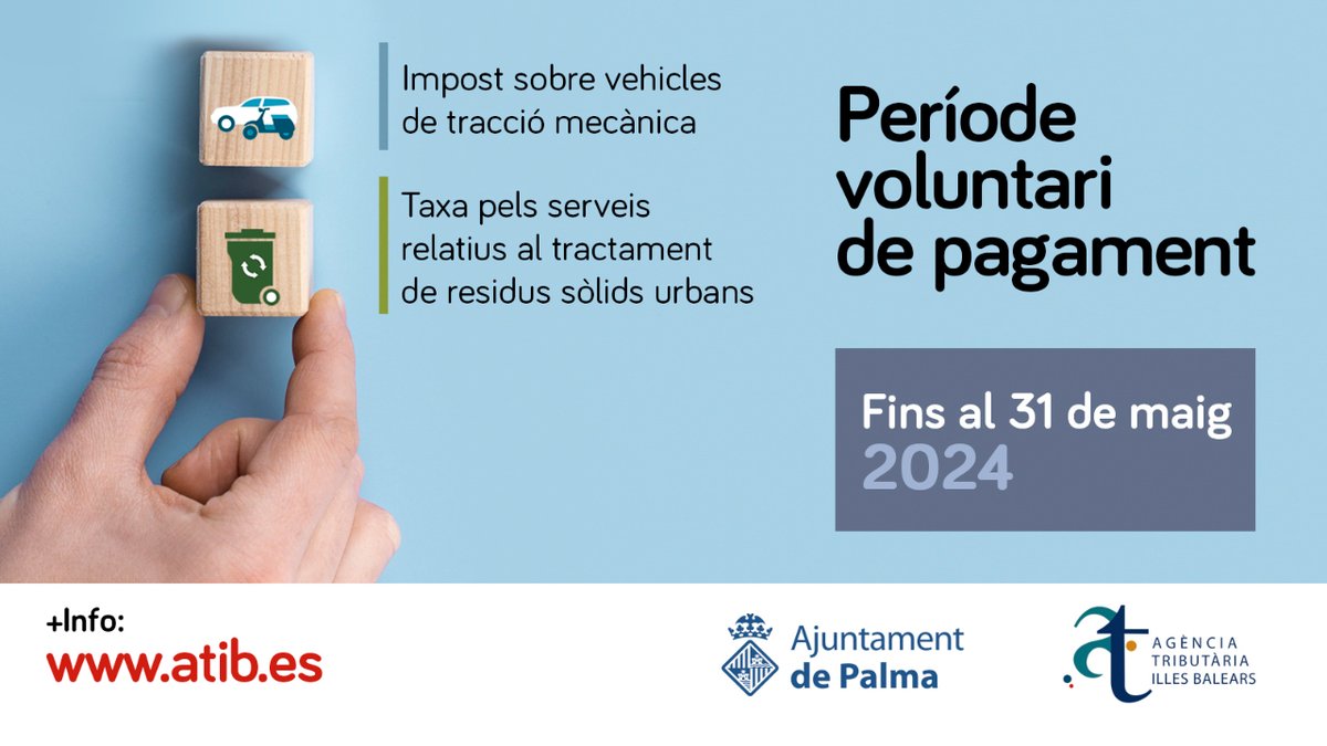 ⚠️ Obert el termini de període voluntari de pagament d'imposts ➡️ sobre vehicles de tracció mecànica ➡️ taxa pels serveis relatius al tractament de residus sòlids urbans 📅 Fins el 31 de maig