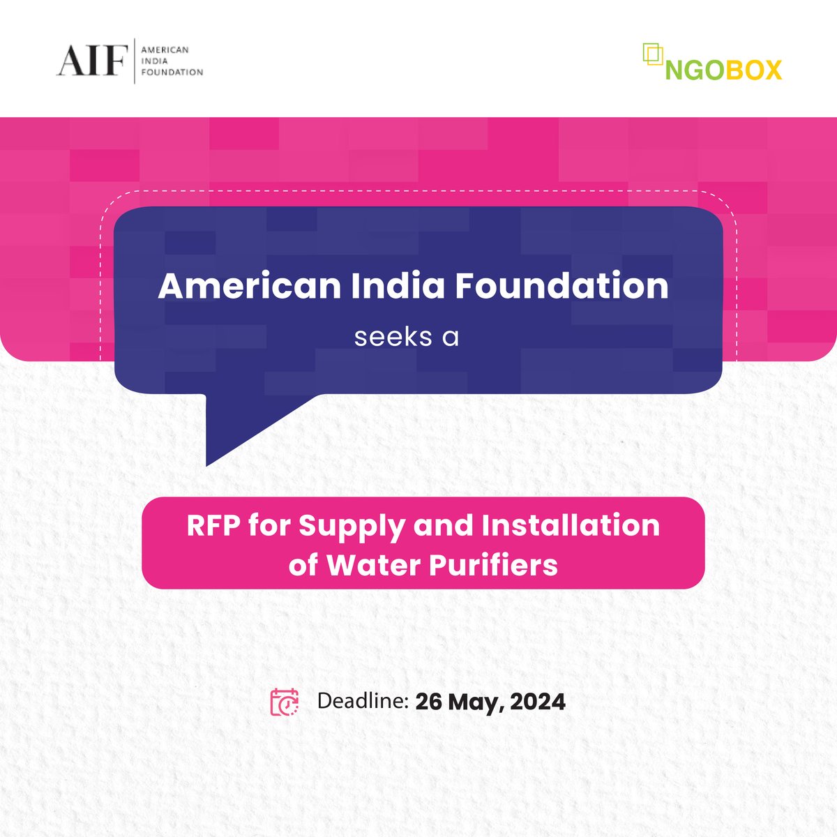 📢 Attention! The American India Foundation is inviting proposals for the Supply and Installation of Water Purifiers. If your organization can deliver top-notch water purification solutions, we want to hear from you! Deadline: May 26, 2024. Apply now: ngobox.org/full_rfp_eoi_R…