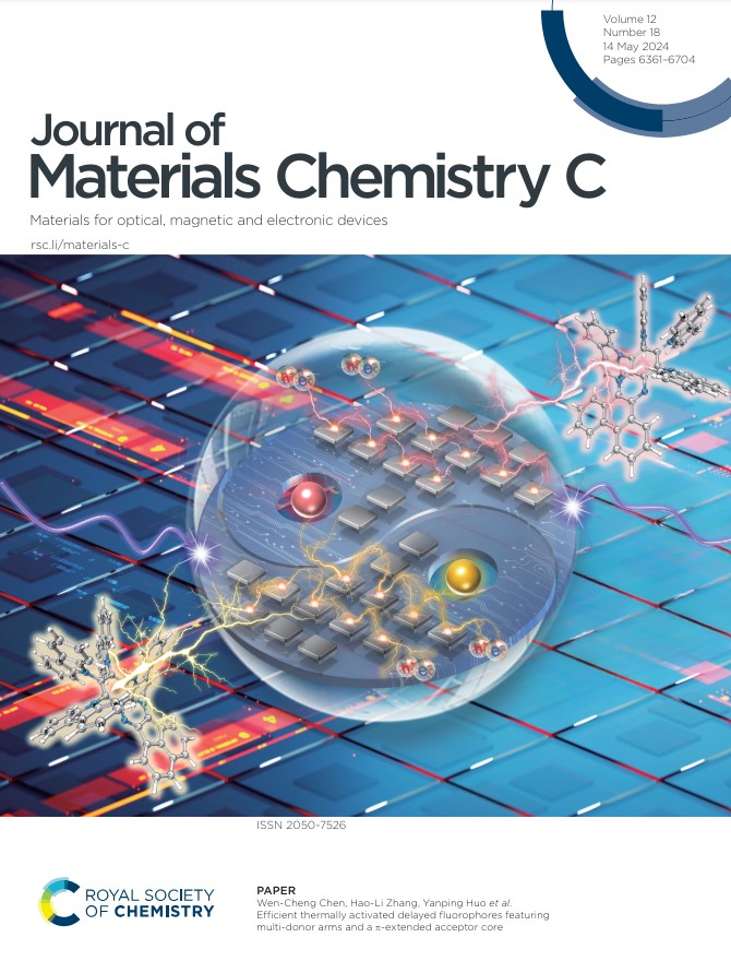 Check out the Outside front cover of @JMaterChem C Issue 18 by Wen-Cheng Chen, Hao-Li Zhang, Yanping Huo et al. Efficient thermally activated delayed fluorophores featuring multi-donor arms and pi-extended acceptor core doi.org/10.1039/D4TC00…