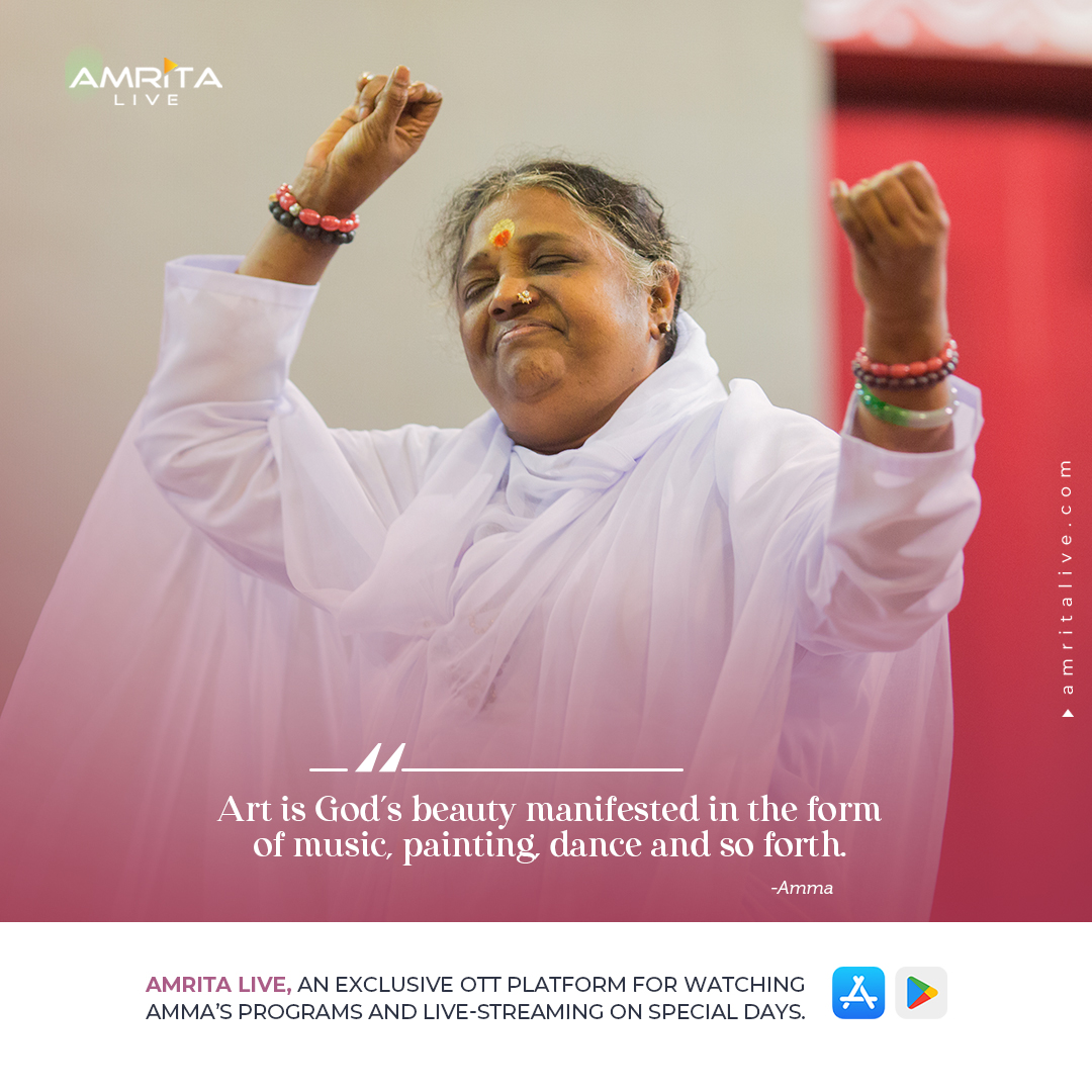 Art is God’s beauty manifested in the form of music, painting, dance and so forth.-AMMA
#Amma #amritalive #MataAmritanandamayi #amritaott #spirituality #amritapuri #amritapurilive #ammaonline #ammalive #ammasdarshan #ammasspecial #embracingingtheworld #Love #compassion