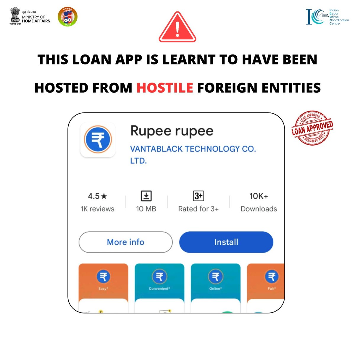 Beware! The Rupee rupee - Loan app is learnt to be associated with hostile foreign entities. #LoanApps #Cybercrime #DigitalSafety #Lending #I4C #MHA #Cyberdost #Cybersecurity #CyberSafeIndia @RBI @GooglePlay @FinMinIndia