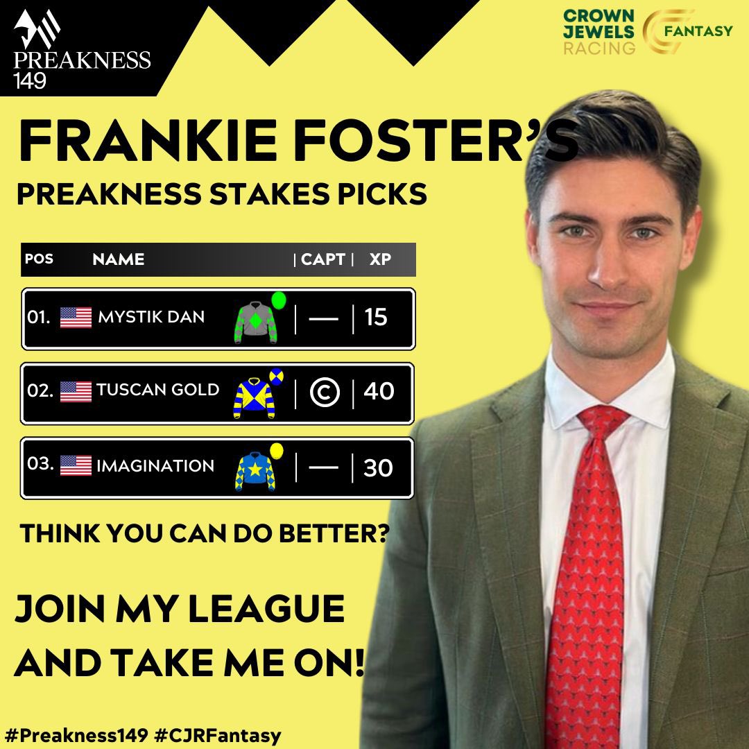 Will you be joining Frankie Foster’s League or Will you be taking him on❓

Register Now to Play The Game 🐎🎮

🔗Link In Bio

🏆: @PreaknessStakes 
🗓️: Saturday 18th May
📍:@PimlicoRC 
🎟️: Tickets Available 

@FrankieFoster3_ #frankiefoster  #18ofthebest #premiumracing