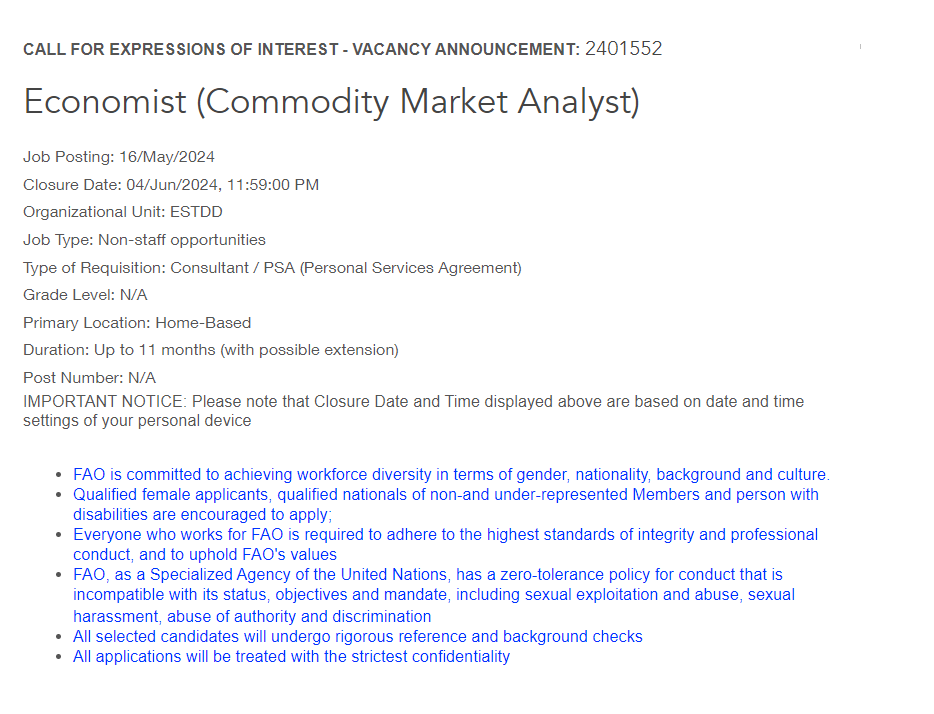 Hi #EconTwitter! 📈 Do you have a background in time series or macroeconometrics (e.g., SVAR/Proxy SVAR/Bayesian SVAR/Local Projections)? At @FAO they are looking for expert consultants in time series/macroeconometrics for commodity market analysis. Deadline soon: May 21