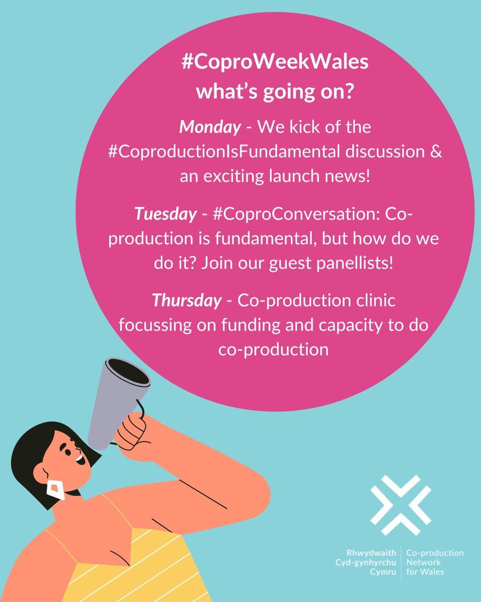 Next week is #CoproWeekWales 🎉 a week dedicated to shouting (even louder!) about how important co-production is! Take a look below at what's going on. Book Tuesday's #CoproConversation 👉 buff.ly/3UDt9n8 Book the co-production clinic 👉 buff.ly/3UDt9n8