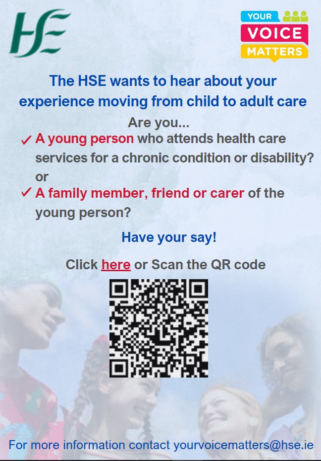 The HSE wants to hear about the experience of young people living with a chronic condition or disability as they move from paediatric to adult health care services. Share your thoughts via link below⬇️ hse.ie/yourvoicematte…