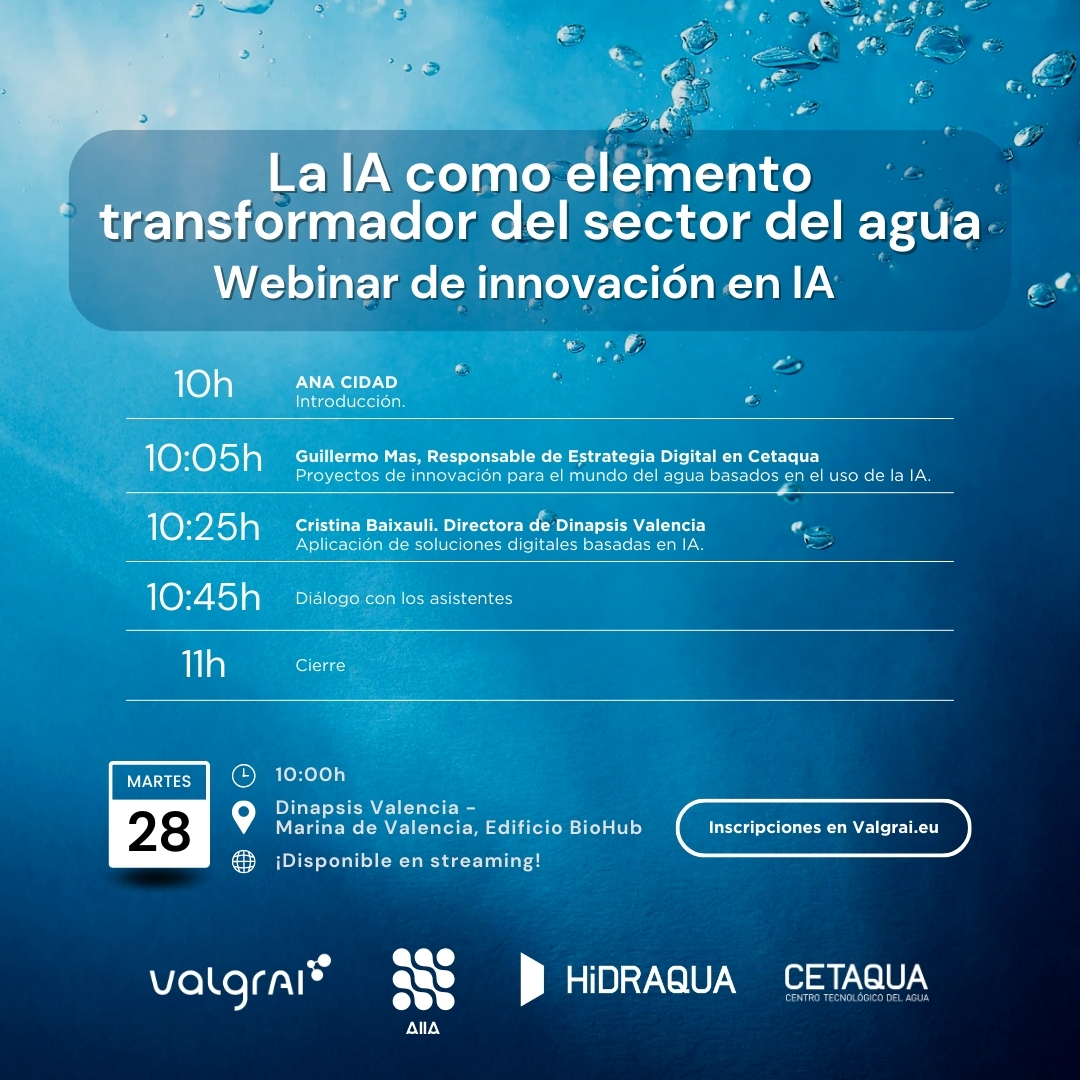 ➡️Desde #Hidraqua participamos en un webinar de @fvalgrai sobre el impacto de la IA en el sector del agua. Las personas interesadas pueden ir presencialmente a @dinapsis #Valencia o verlo por streaming. valgrai.eu/es/events/la-i… Participarán @CrisBaixauliF, @acidad y @Guille_Mas