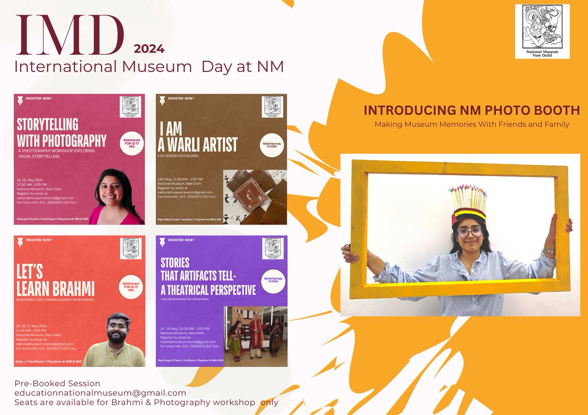 This IMD, we are celebrating the theme ' Museum for Education & Research'. Here is the lineup of our learning sessions: Workshop on Brahmi script, workshop on photography, Warli painting & Museum Theatre. We are also introducing our #NMPhotoBooth ! Have you registered yet?