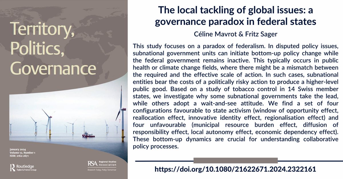 A new #openaccess paper by Céline Mavrot & Fritz Sager 'The local tackling of global issues: a governance paradox in federal states' addresses a blind spot in addressing the governance paradox of the local tackling of large-scale issues. doi.org/10.1080/216226…