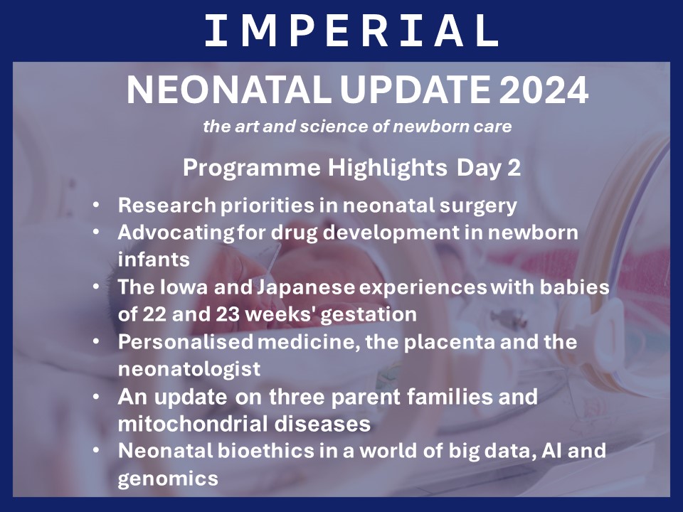 Join us on day 2 at #neonatalupdate to hear presentations on the following  topics 👇

@childrenseyes @NHSBartsHealth @karelallegaert @KU_Leuven @uiowa @UIchildrens @ClealDr @UHS_Neonates @MitoResearch @UniofNewcastle @GeneticAll_UK @johnlantos @swneonatal @EMNODN @RCPCHtweets