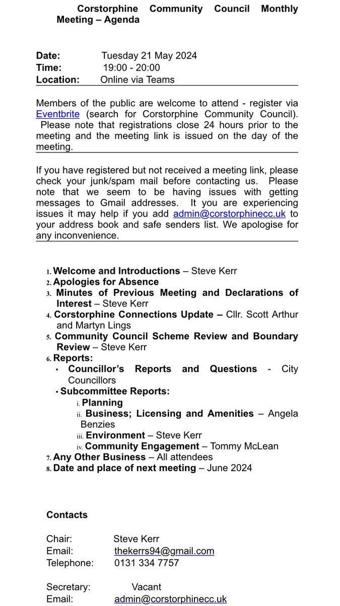 Corstorphine Community Council’s next meeting will take place on Tuesday 21st May, 7-9pm on Teams. Members of the public are welcome to attend and can register via Eventbrite. eventbrite.co.uk/e/corstorphine…