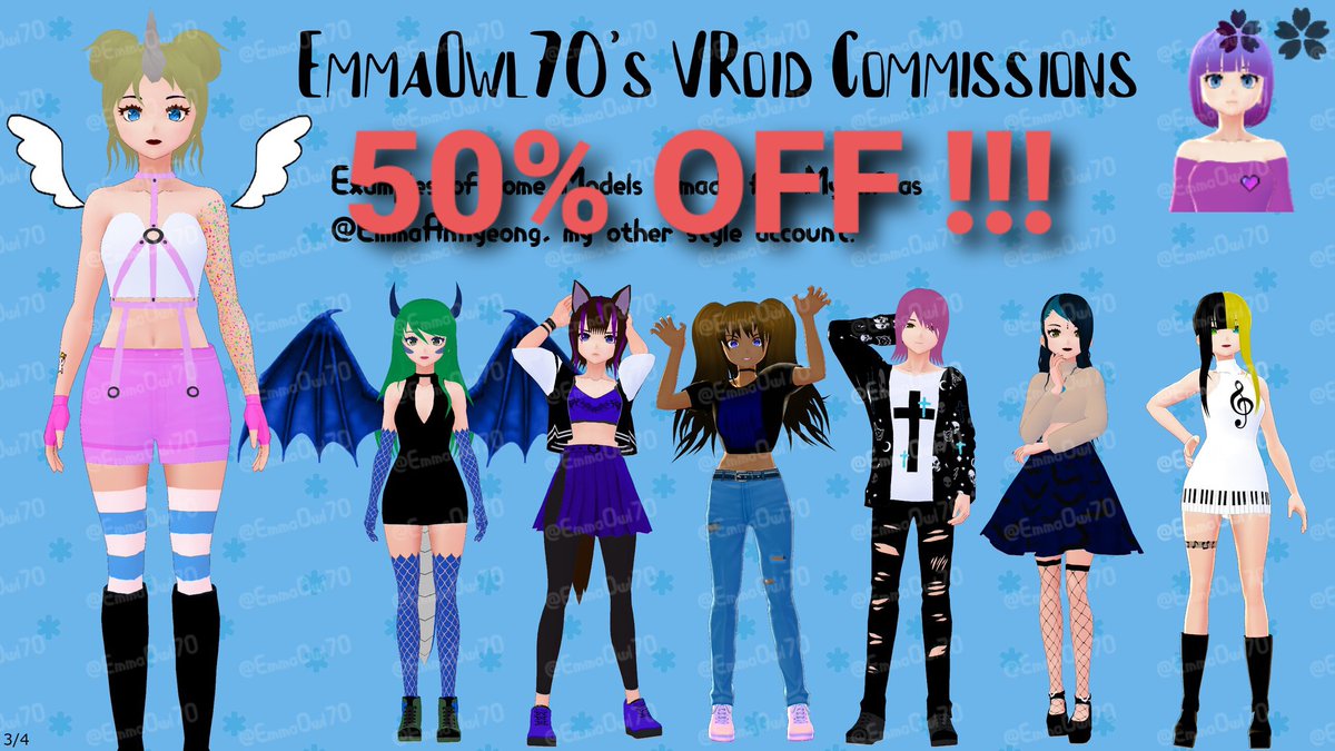 EOwl70's tweet photo. Hello!! Vroid Model Starting at 70€ 
50% OFF !!!
TOS in the last photo

DM if you're interested.

#VRoidStudio #VroidCommission #CommissionsOpen #3DModel #Vtuber3d #Unicorn #Dragon #Cat #KingdomHeart #Sora #VOCALOID #HatsuneMiku #KDA #Ahri #VRoid #VRoidファッション #animegirl https://t.co/gvtdxyI8Ma