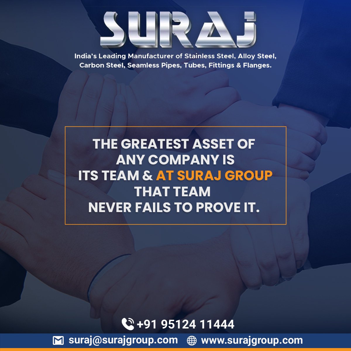 Suraj Group: Where teamwork turns challenges into opportunities.

For enquiries
Mail: suraj@surajgroup.com
WhatsApp: +91 95124 11444

#teamwork  #stainlesssteel #alloysteel #carbonsteel #Pipes #tubes #fittings  #flanges #rings #forgings #specialforging #Surajltd #India