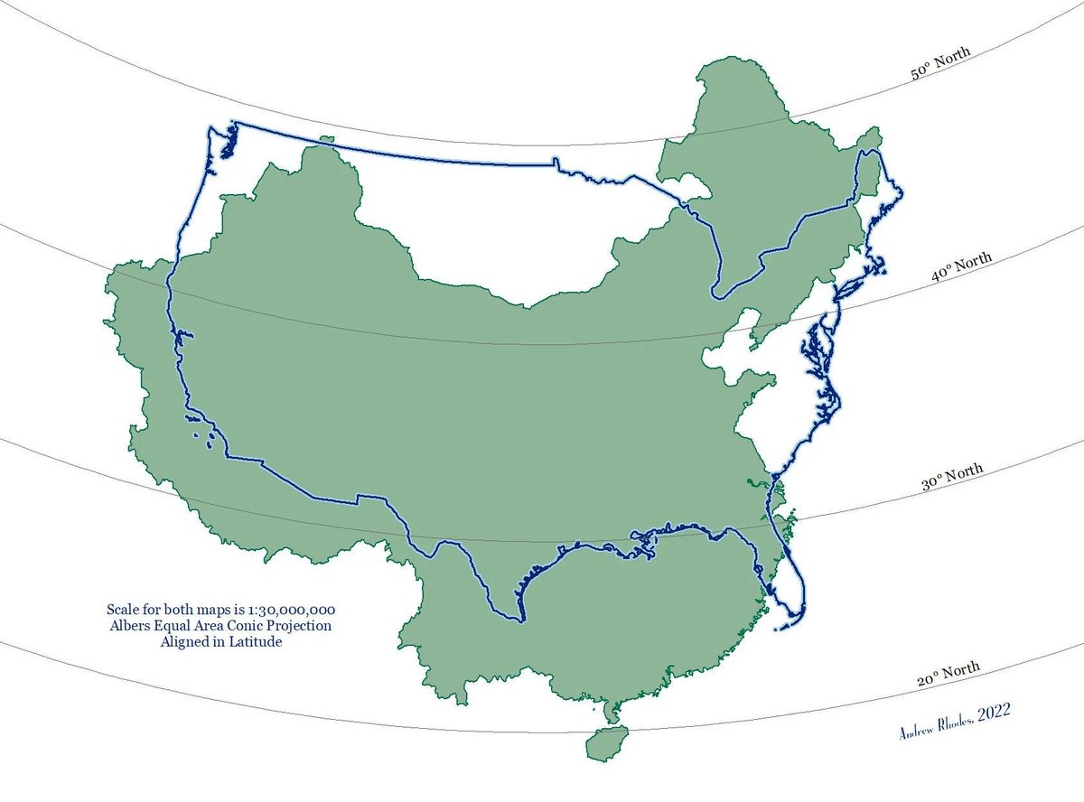 This overlay map compares China and the US at the same latitude.