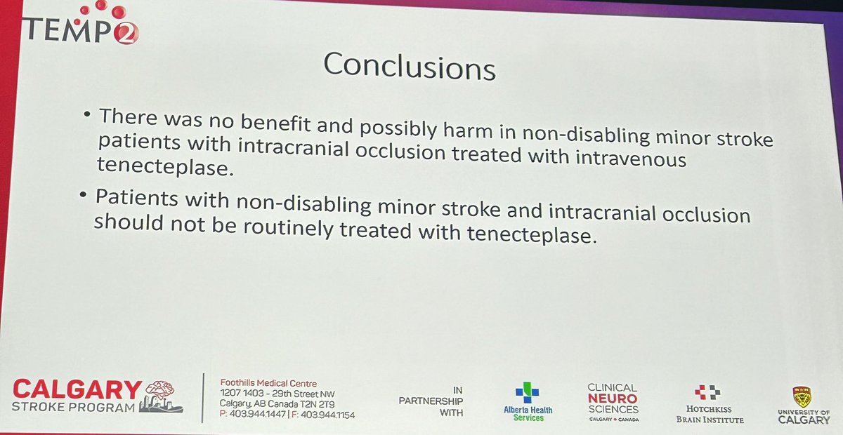 #ESOC2024
⏰TEMPO2 

“Minor non disabling (NIHSS 0-5) strokes should not be thrombolysed neither with LVO!”
 
⬆️mortality  ⛔️benefit 
🟰ARAMIS PRISMS