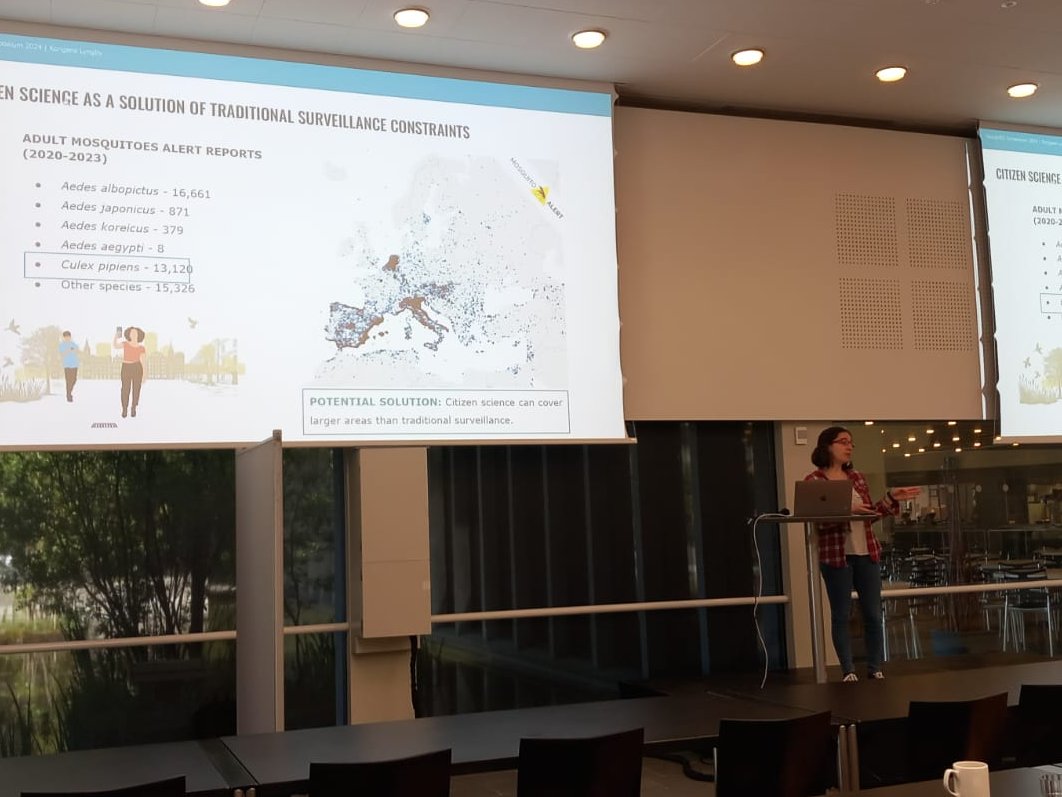 👩‍🔬@MartaPardoArauj and Catuxa Cerecedo, from the Mosquito Alert Scientific team presented an overview of the work done. 🗺️ Data collected from Italy, Greece, the Netherlands, and Spain, led to the modeling and integration of pathogen and vector data to develop visualisations.