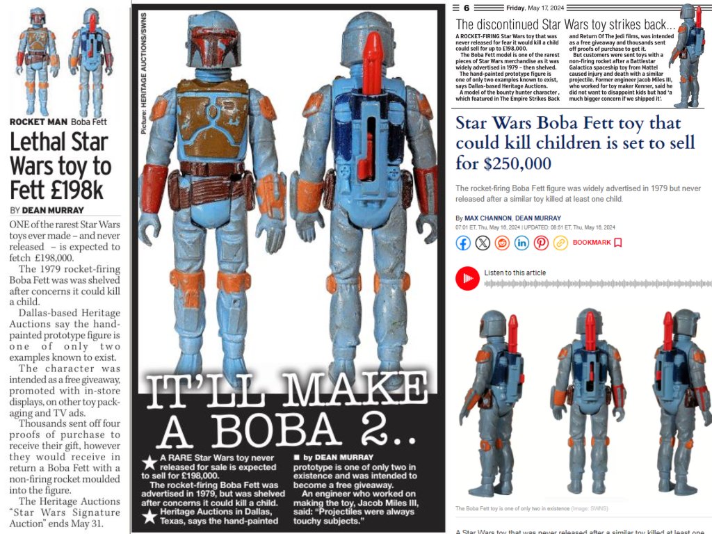 Boba Fett. My fave figure as a boy. Prob wouldn't pay £200k though. Awkward attempt at audience engagement coming up... What was your favourite Star Wars figure? 😬 Papers via @SWNS