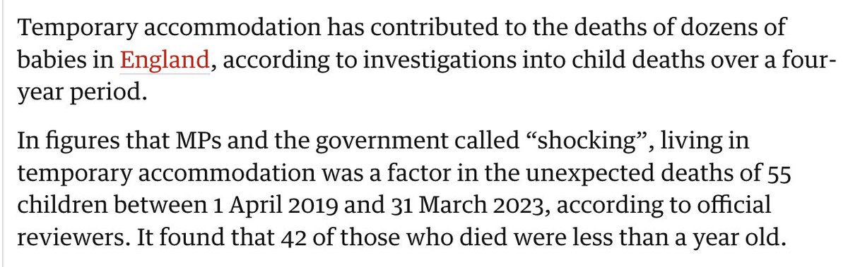 Over the last 5 years, these dire conditions have contributed to the deaths of 55 children. This is not just saying '55 children died while in temporary accommodation'. It’s saying they died *because of this accommodation*. Respiratory infections from mould, for example.