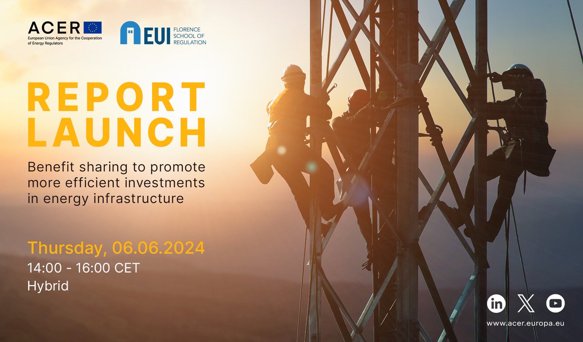 📢 Join ACER & @EUI_FSR for the report launch event on how #regulation can promote efficient & innovative #infrastructure investments to address #electricity grid expansion. #eugridactionplan When? 🗓️6 June 2024 ⏰14:00 - 16:00 CET Read more & register 👉acer.europa.eu/public-events/…