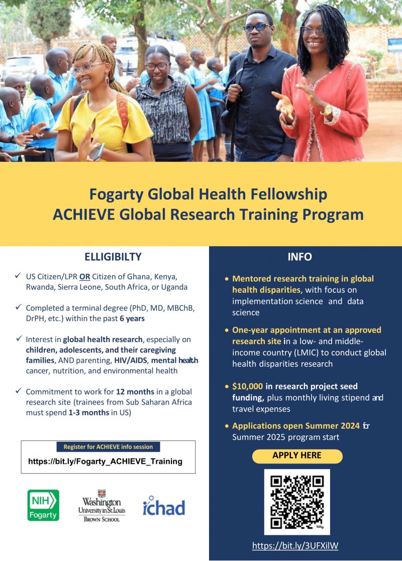 🌍 Join the Fogarty Global Health Fellowship!🌍 The International Center for Child Health and Development (ICHAD) is recruiting for the ACHIEVE Global Research Training Program. 📅Deadline: July 15, 2024 🔍 Details: shorturl.at/R6sSC #GlobalHealth #Research #Fellowship