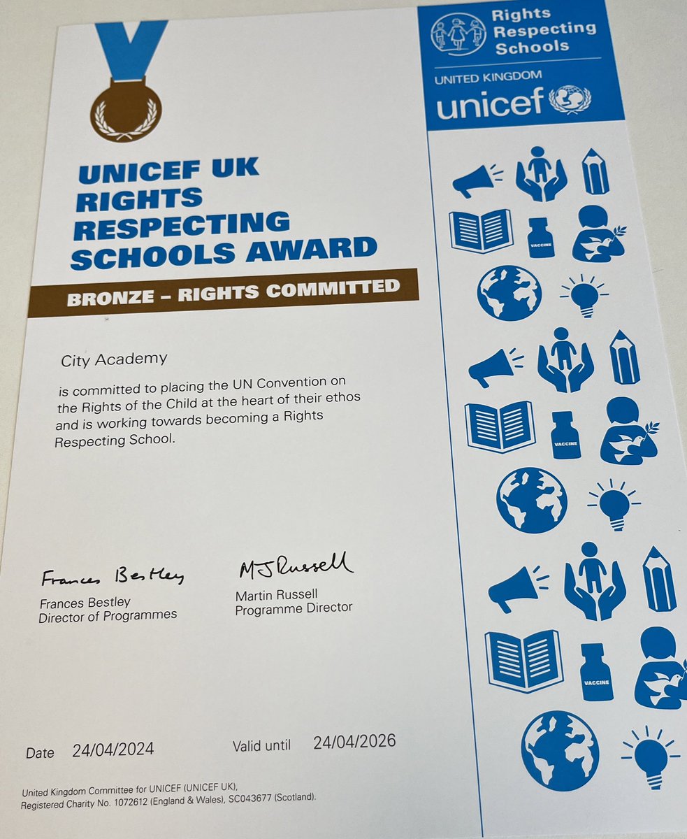 We are delighted to receive recognition as being a UNICEF Rights Respecting School.This award is recognition of our ethos which celebrates diversity and is rooted in respect.We thank Mr Miller and the RRS student steering group for helping to drive this @COREeducate #CORERespect