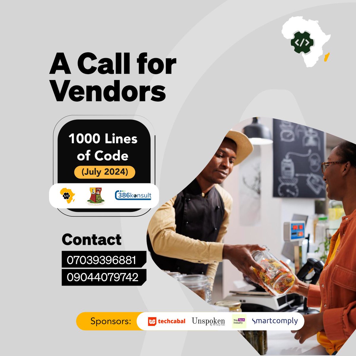 Do you want to #collaborate as a #vendor to provide services for #1000LinesOfCode in Ibadan July 15th-19th 2024?

E.g - Catering & Beverage, Audio/Visual, Security, Photography, Transportation etc

Contact: dolapoayeni@codegarage.africa, or david@zeeh.africa 

#CodeGarageAfrica