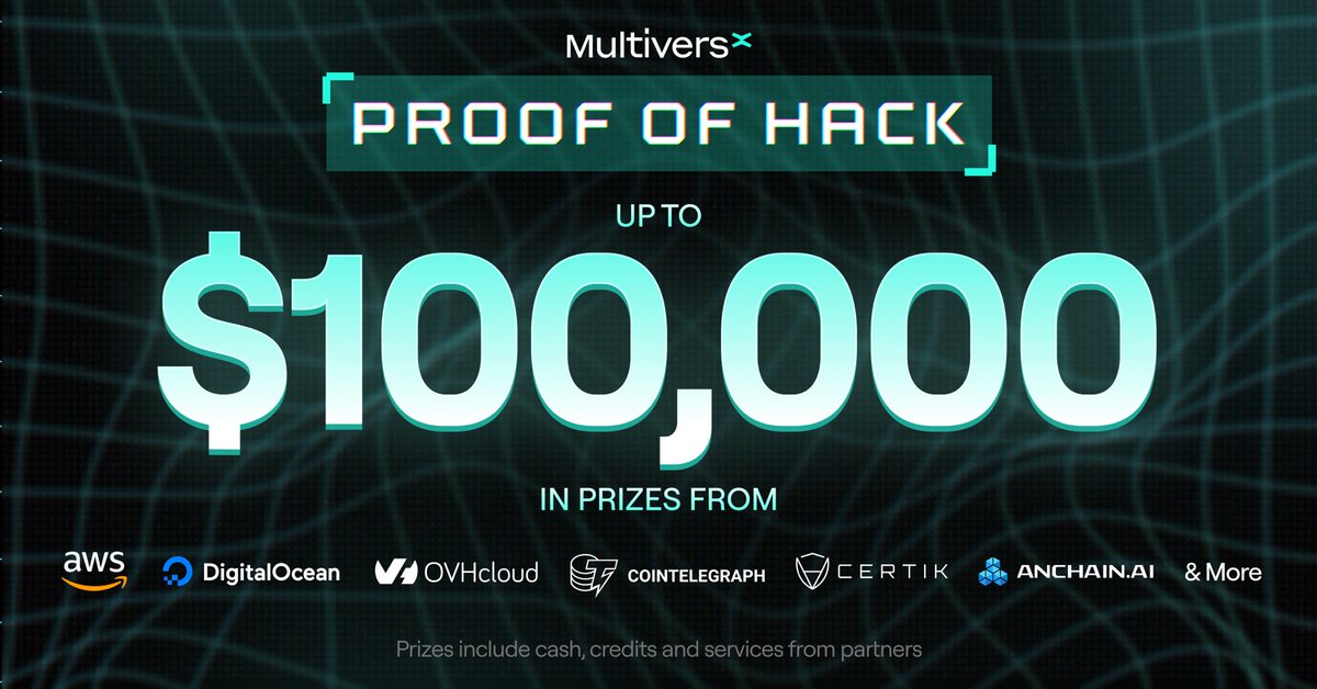 $100K in prizes &amp; funding!

Join Proof of Hack, the #MultiversX &amp; <a href="/proofoftalk/">Proof of Talk</a> hackathon. 

Work w/ tech leaders like <a href="/awscloud/">Amazon Web Services</a> &amp; <a href="/digitalocean/">DigitalOcean</a>.

Compete in the first Sovereign Chains challenge, as well as AI or Web3 gaming tracks.

Deadline - June 1st

👉 taikai.network/multiversx/hac…