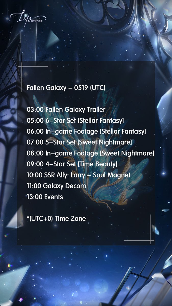 Life Makeover New Version [Fallen Galaxy] is Arriving Soon...
yslzm-seareal.onelink.me/wcP9/fd957aj5

🌌Fallen Galaxy - 0519 (UTC)
Let's wander in the galaxy with butterflies!

#LifeMakeover #FallenGalaxy