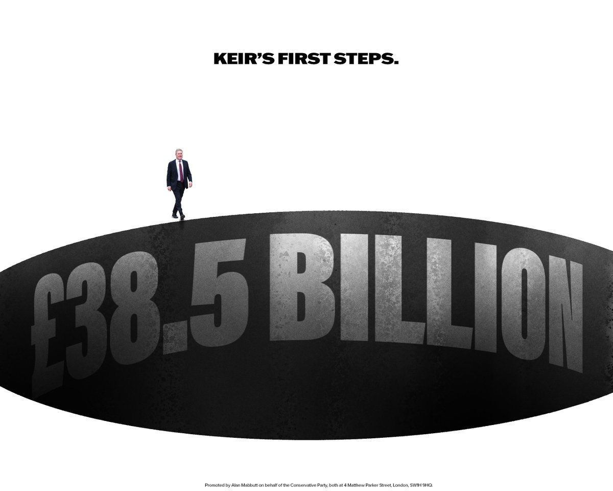 Conservatives's tweet photo. 🚨 OFFICIAL: Keir Starmer's first step will be to plunge the economy into a £38.5bn black hole which you'll pay for in tax rises. https://t.co/1Y9YduyYcv