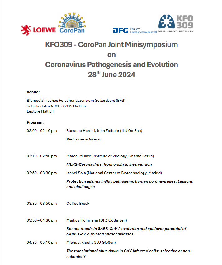 📣 Exciting Announcement! 
Join us for the KFO309 - CoroPan Joint Minisymposium on Coronavirus Pathogenesis and Evolution on June 28th, 2024! 🦠✨
Don't miss this incredible opportunity to explore groundbreaking research and insights from leading experts in the field. <a href="/HeroldLab/">Herold Lab</a>