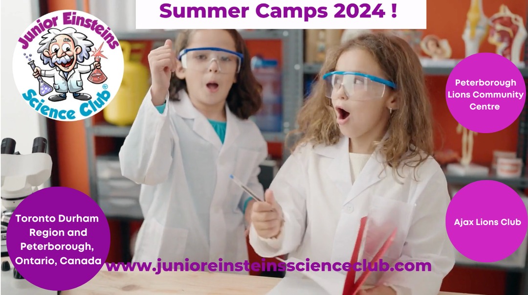 SUMMER CAMPS Ontario Canada 2024
Week-Long Science Summer Camps for kids 

Peterborough Lions Community Centre & Ajax Lions Club
Enquire; junioreinsteinsseontario@gmail.com

junioreinsteinsscienceclub.com

#ontario #Canada #Durham #Peterborough #Ajox #kidscamp #summercamp