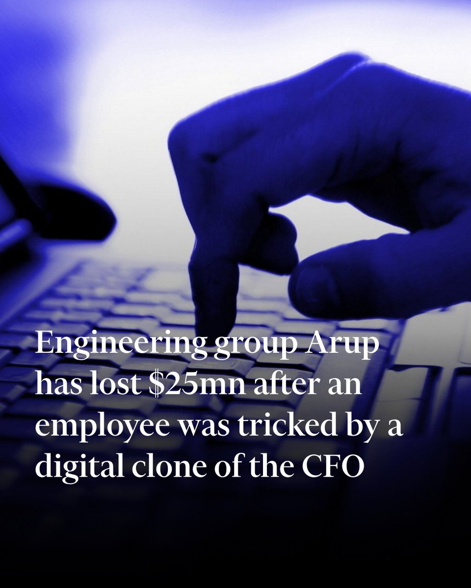 Arup has been revealed as the company that lost $25mn in one of the world's biggest known deepfake scams. A staff member made 15 transfers to five Hong Kong banks after what they thought was a video call with the CFO was actually one with a digital clone on.ft.com/3wLewoE